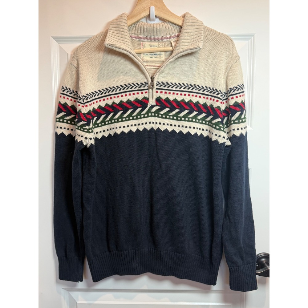 Weatherproof Vintage Mens M Navy Cream Fair Isle Quarter Zip Holiday Sweater